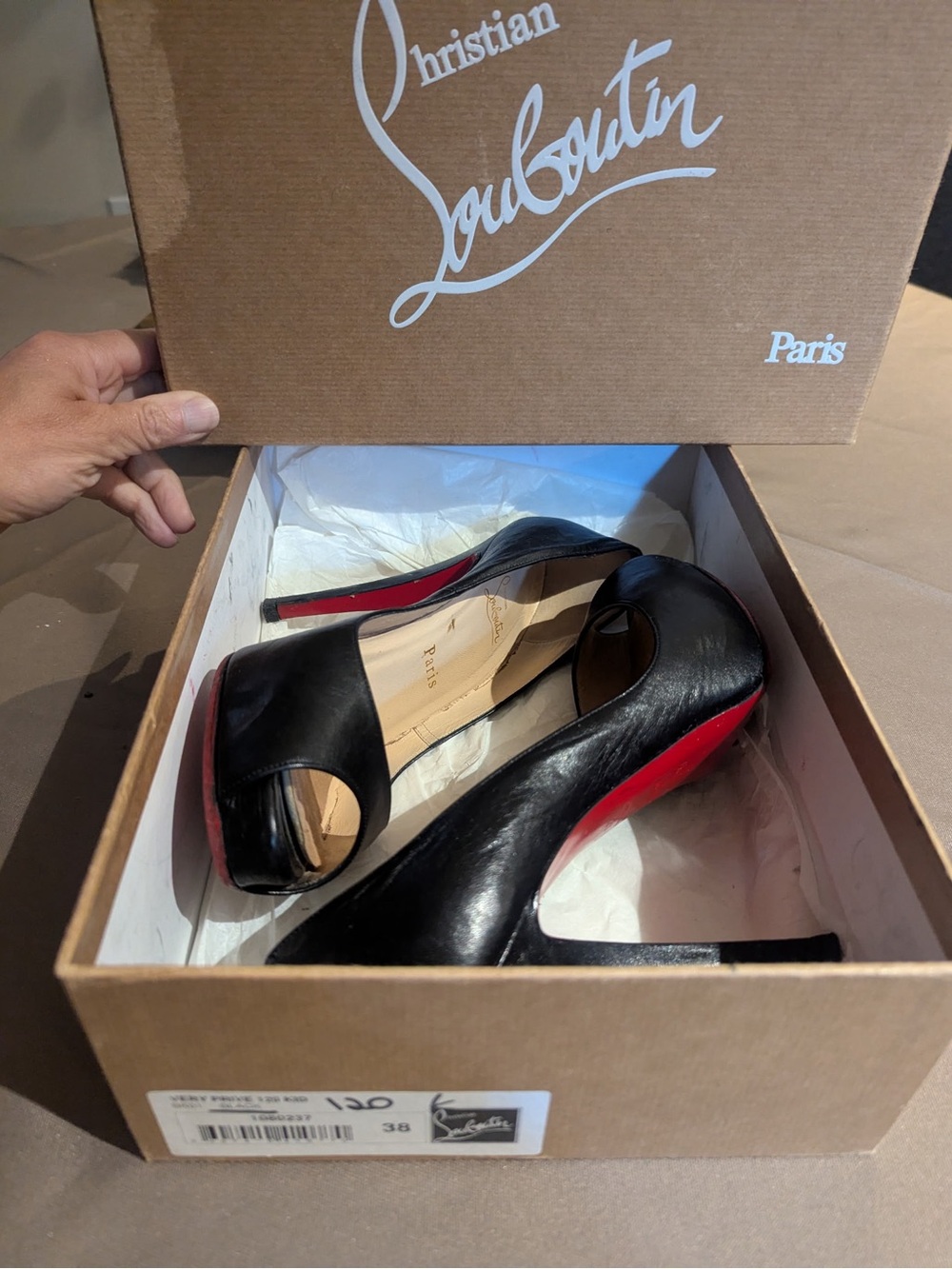Christian Louboutin Black Leather Peep-Toe Pumps with Red Sole